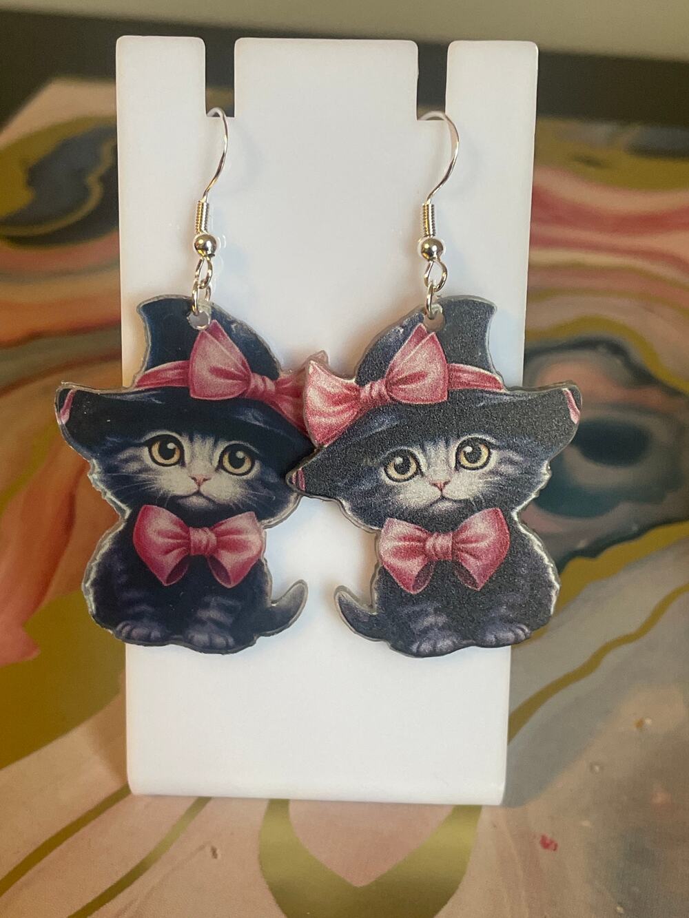 Pink bow witch hat kittens earrings 925 sterling silver